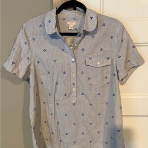 J. Crew Blue and White Striped Short-Sleeve Popover Anchor Shirt